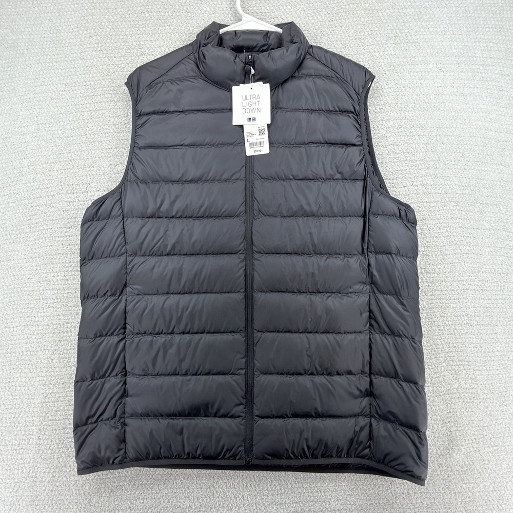 NWT Uniqlo Ultra Light Down Vest Mens Large Black Full Zip Packable Puffer